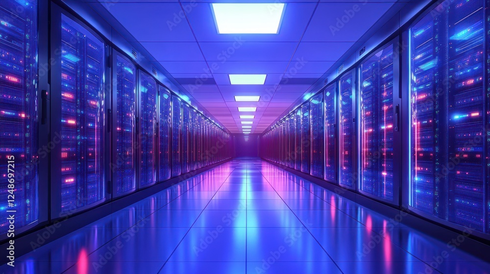 Futuristic Data Center Corridor with Server Racks Cyberpunk Style Futuristic Data Center Corridor with Server Racks Cyberpunk Style