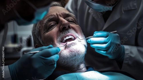 Señor mayor, siendo atendido por el dentista como paciente en una clínica dental. photo