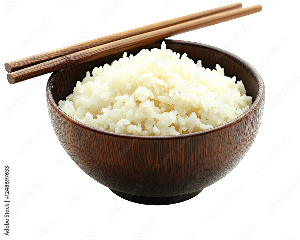 Steaming bowl of white rice with wooden chopsticks, perfect for Asian cuisine. This dish is staple in many cultures, symbolizing comfort and nourishment Steaming bowl of white rice with wooden chopsticks, perfect for Asian cuisine. This dish is staple in many cultures, symbolizing comfort and nourishment