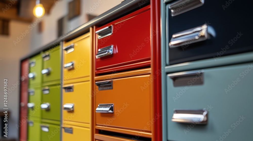 Rows of colorful filing cabinets in a modern office setting, perfect for use as background or prop Rows of colorful filing cabinets in a modern office setting, perfect for use as background or prop