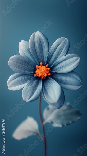 Beautiful blue flower with orange center against a soft blue background