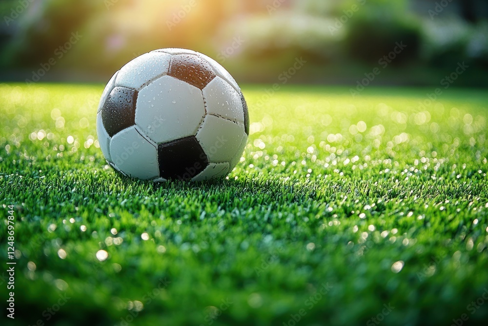 Fototapeta premium Soccer Ball on Vibrant Green Artificial Grass with Soft Afternoon Sunlight