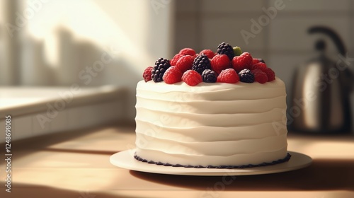 Delicious berry cake on a kitchen counter with natural light and minimal decor