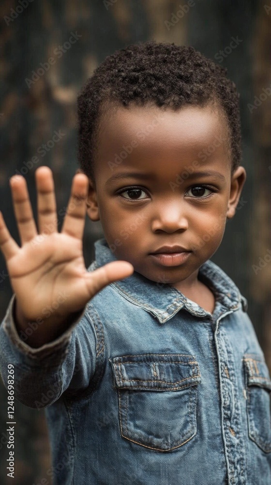 Niño africano deteniendo con la mano abierta, negándose, no al hambre y a la discriminación racial. Niño africano deteniendo con la mano abierta, negándose, no al hambre y a la discriminación racial.