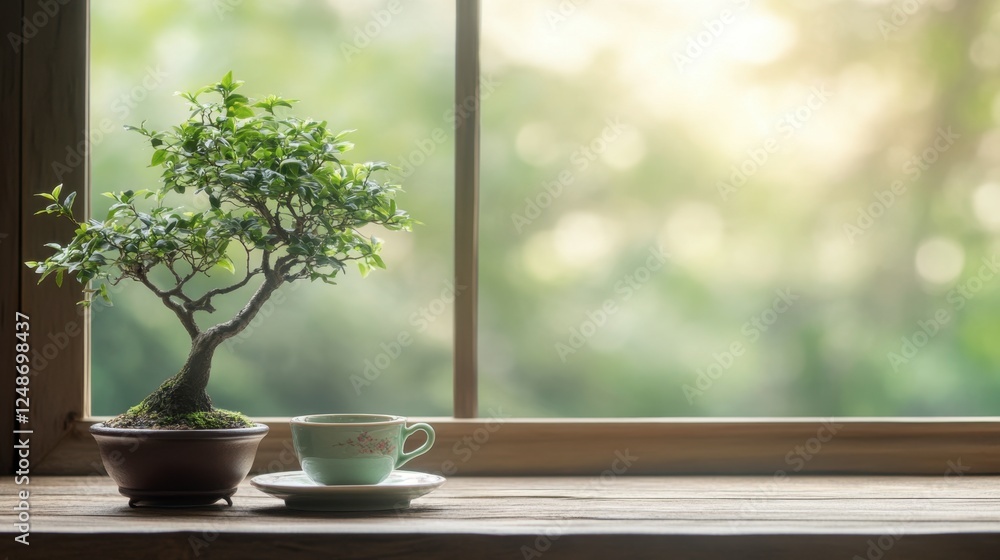 A charming little bonsai tree placed next to a traditional tea set, creating a peaceful moment. A charming little bonsai tree placed next to a traditional tea set, creating a peaceful moment.