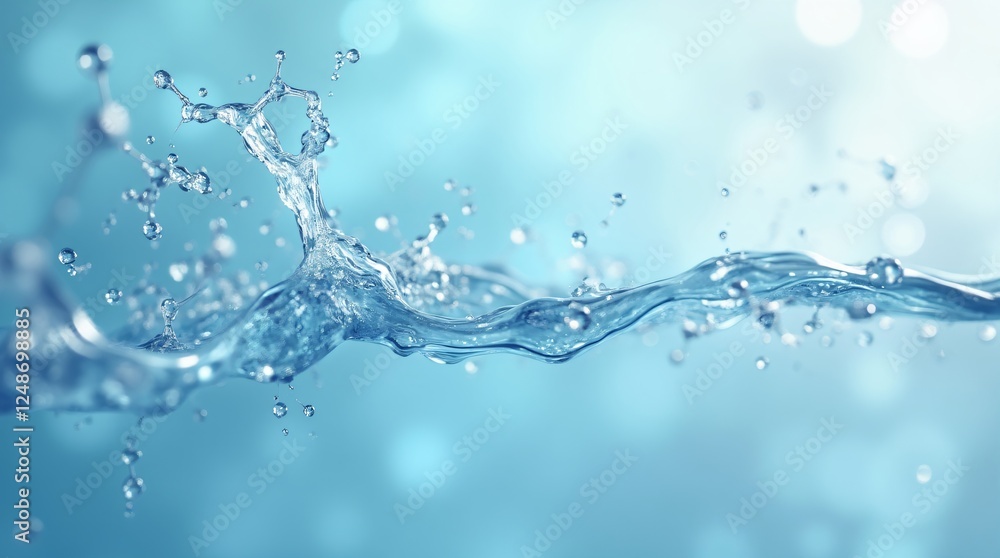 Clear water splash with droplets on light blue background. Fresh aqua motion photography for World Water Day, Ocean Day, Earth Day. Clean liquid waves for environmental concept with copy space Clear water splash with droplets on light blue background. Fresh aqua motion photography for World Water Day, Ocean Day, Earth Day. Clean liquid waves for environmental concept with copy space