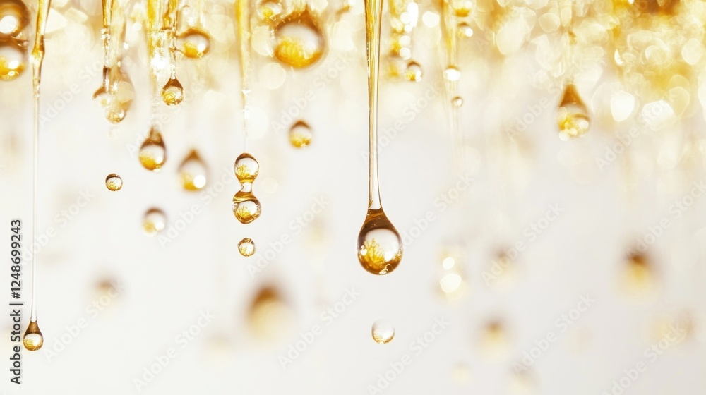 Obraz premium Golden oil drops falling, blurred background