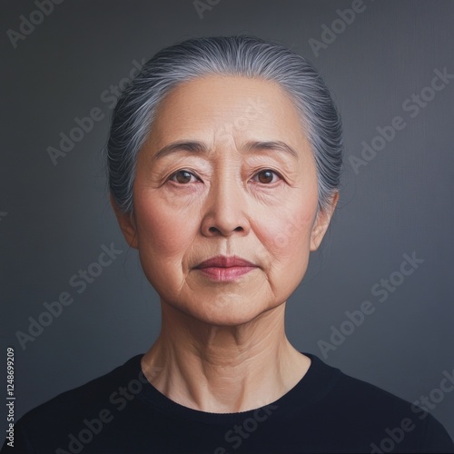 close-up portrait of a mature asian woman with gray hair