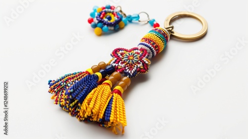 A handmade keychain with a fabric charm and beaded accents, positioned centrally on white.