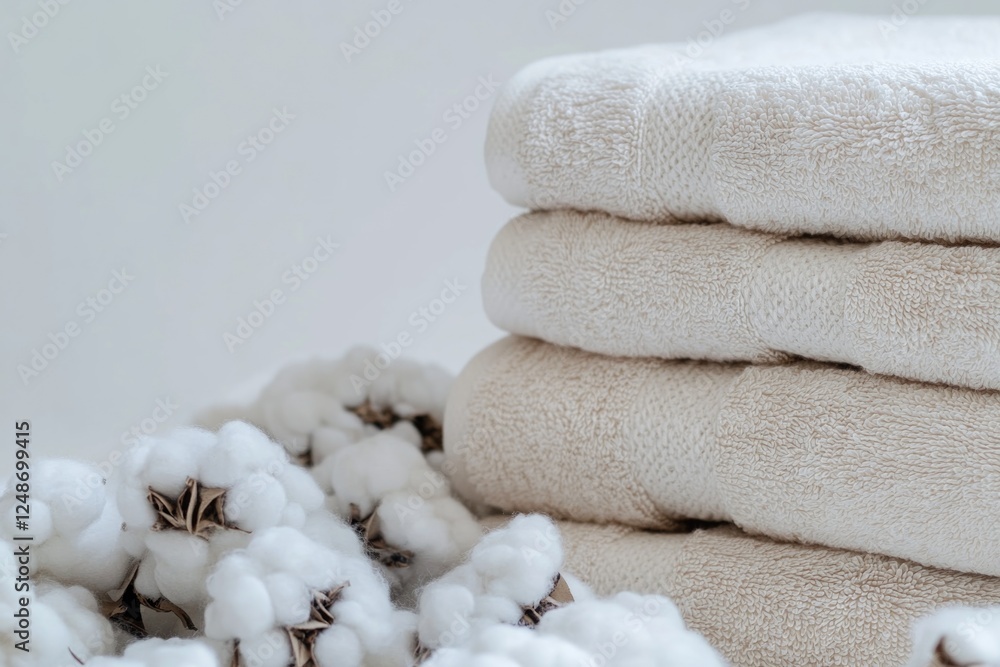 A collection of towels resting on top of a stack of cotton fabric A collection of towels resting on top of a stack of cotton fabric