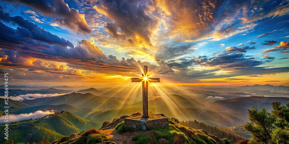 Obraz premium AI art depicts a sacred cross, prayerful peace, a heavenly panoramic divine image.