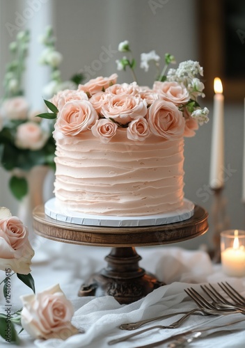 Elegant floral cake centerpiece at a beautifully arranged table for a special...