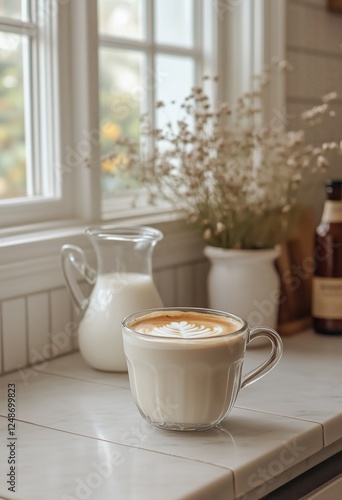 Warm latte in glass cup beside milk jug and flowers on kitchen counter