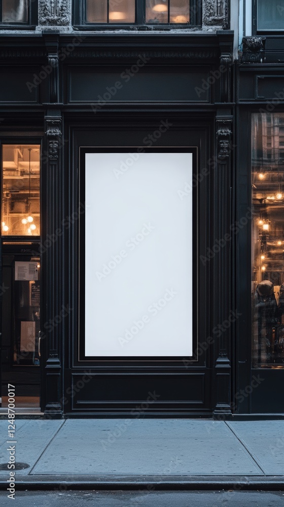 Blank White Poster on Black Wall Front View in Urban Setting with Shopfront Lights and Elegant Architecture Design Elements Blank White Poster on Black Wall Front View in Urban Setting with Shopfront Lights and Elegant Architecture Design Elements