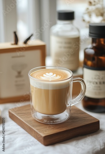 Warm latte art with elegant presentation on wooden surface in cozy cafe setting