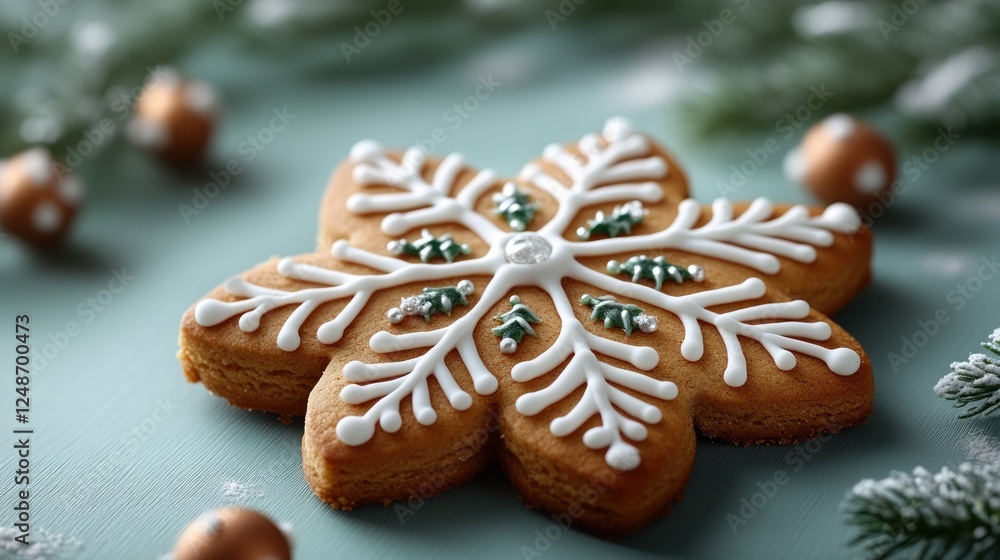 hyper-realistic gingerbread snowflake cookie illustration on a blue background hyper-realistic gingerbread snowflake cookie illustration on a blue background