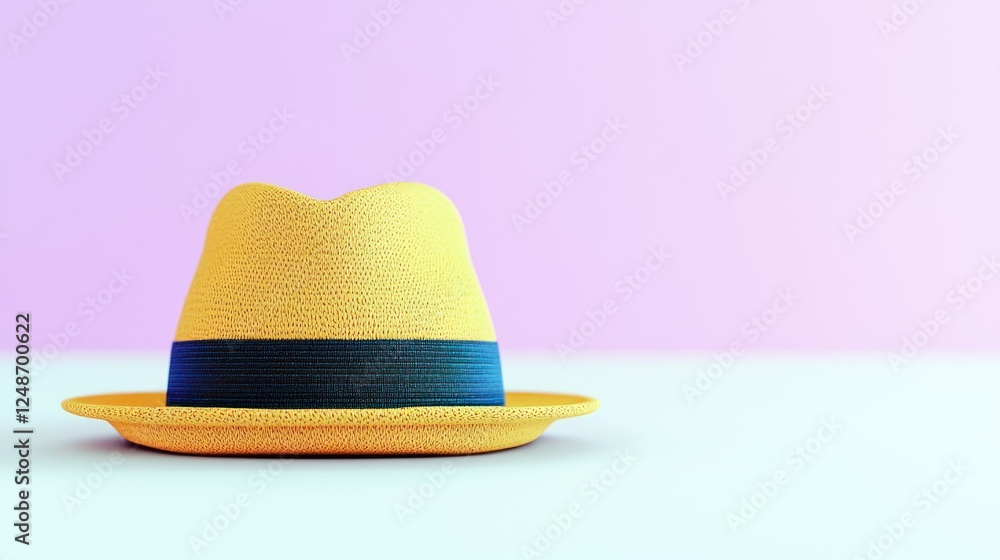 Bright Yellow Straw Hat with Blue Band on Soft Pastel Background for Summer Fashion and Accessories Bright Yellow Straw Hat with Blue Band on Soft Pastel Background for Summer Fashion and Accessories