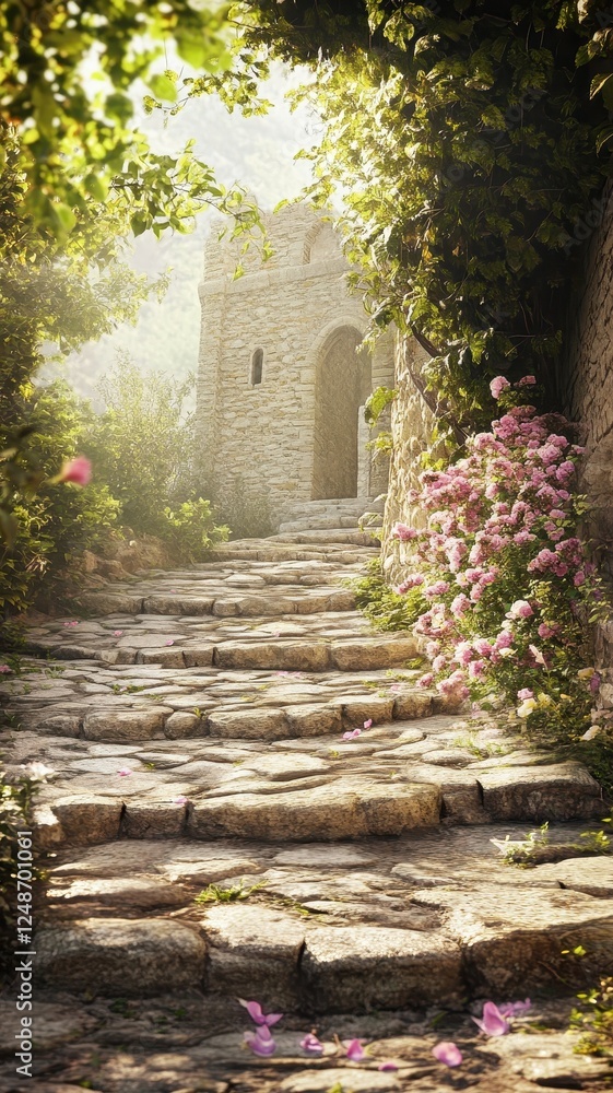 Fototapeta premium Ancient stone pathway guiding visitors to a majestic historic monument bathed in sunlight.