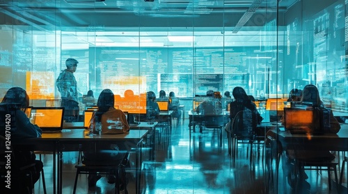 Students in a tech classroom, learning programming, data science.