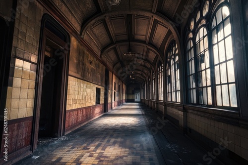 A long hallway with a clock on the wall, ideal for use in scenes about time, schedules, or nostalgia