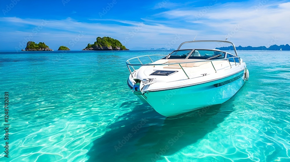 Luxury speedboat floating on crystal-clear turquoise water near tropical islands under a bright blue sky, creating a perfect setting for relaxation and adventure Luxury speedboat floating on crystal-clear turquoise water near tropical islands under a bright blue sky, creating a perfect setting for relaxation and adventure