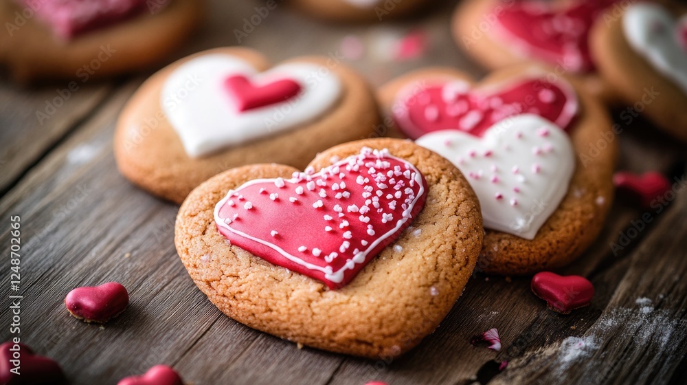 A close-up view of a heart-shaped cookie on a table, perfect for romantic dinner or special occasion A close-up view of a heart-shaped cookie on a table, perfect for romantic dinner or special occasion