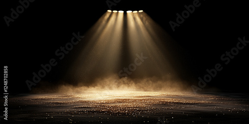 Golden spot light banner with the light beams falling on the presentation stage. Award ceremony banner, empty scene background with directed lights.