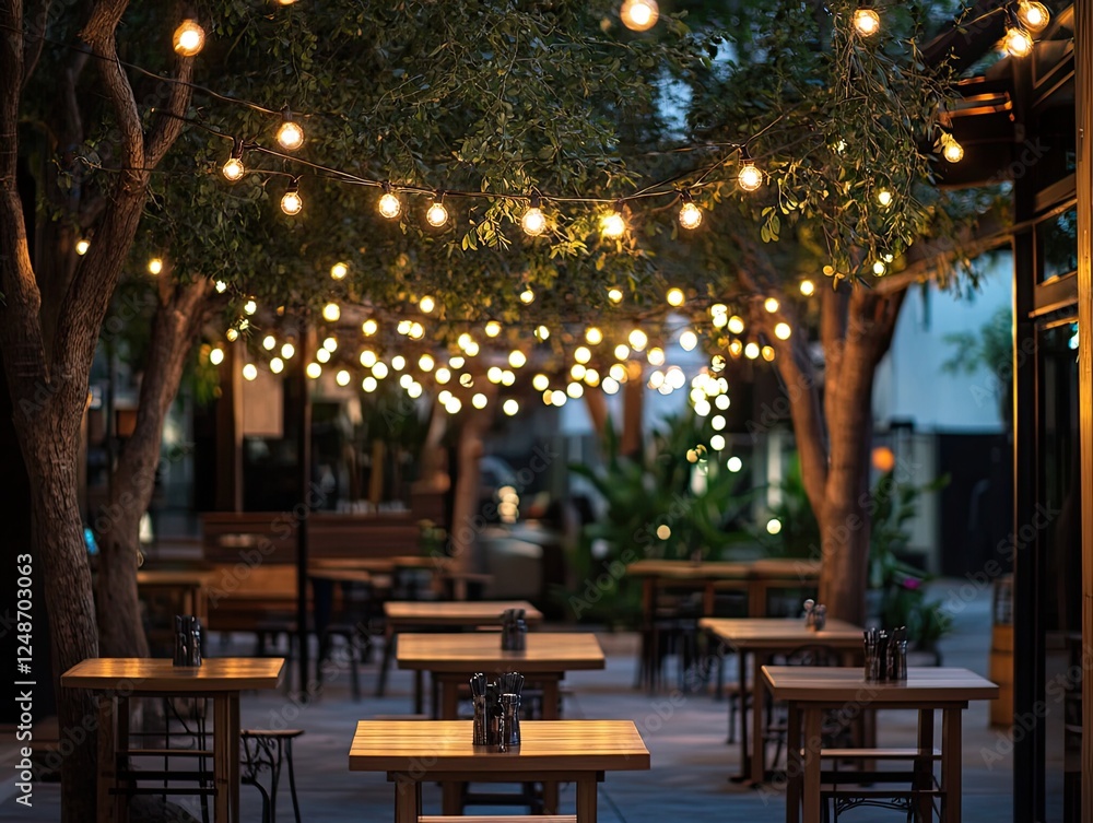Enchanting Outdoor Restaurant Ambiance with Warm String Lights and Wooden Tables Enchanting Outdoor Restaurant Ambiance with Warm String Lights and Wooden Tables