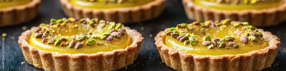 A close-up shot of a tart on a table, perfect for food and baking illustrations A close-up shot of a tart on a table, perfect for food and baking illustrations