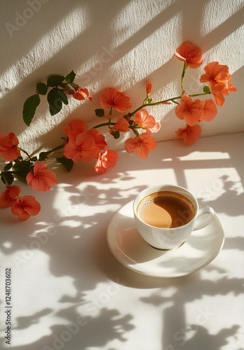 Warm coffee cup placed beside blooming orange flowers in soft natural light