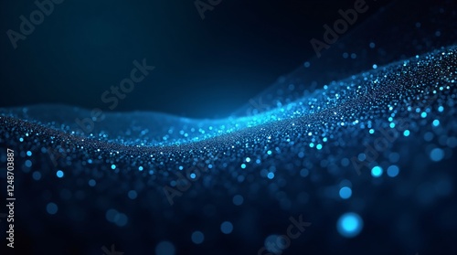 Fototapeta Naklejka Na Ścianę i Meble -  Abstract blue glowing particles wave on dark background with copy space. Digital sparkles flow. Futuristic technology, concept