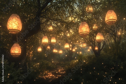 Mystical Forest with Floating Lanterns and Shimmering Light photo