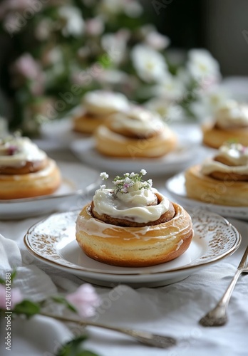 Freshly baked cinnamon rolls with creamy frosting and floral decor on elegant...