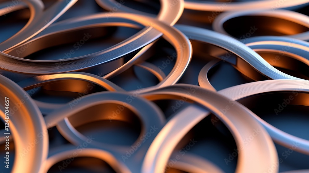 Abstract close-up of intertwined metallic loops with warm lighting on a dark background Abstract close-up of intertwined metallic loops with warm lighting on a dark background