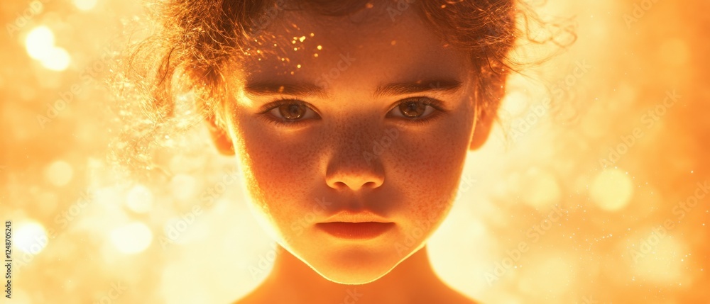 Naklejka premium portrait of a young girl with intense gaze in golden light