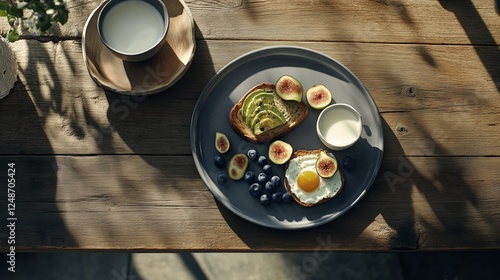 Healthy breakfast featuring eggs, figs, blueberries, and toast served with mi...