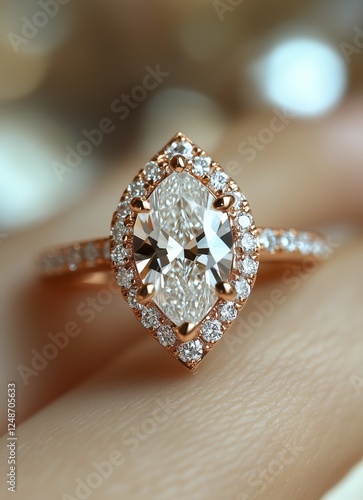 Sparkling marquise cut diamond ring displayed on a delicate hand against a bl...