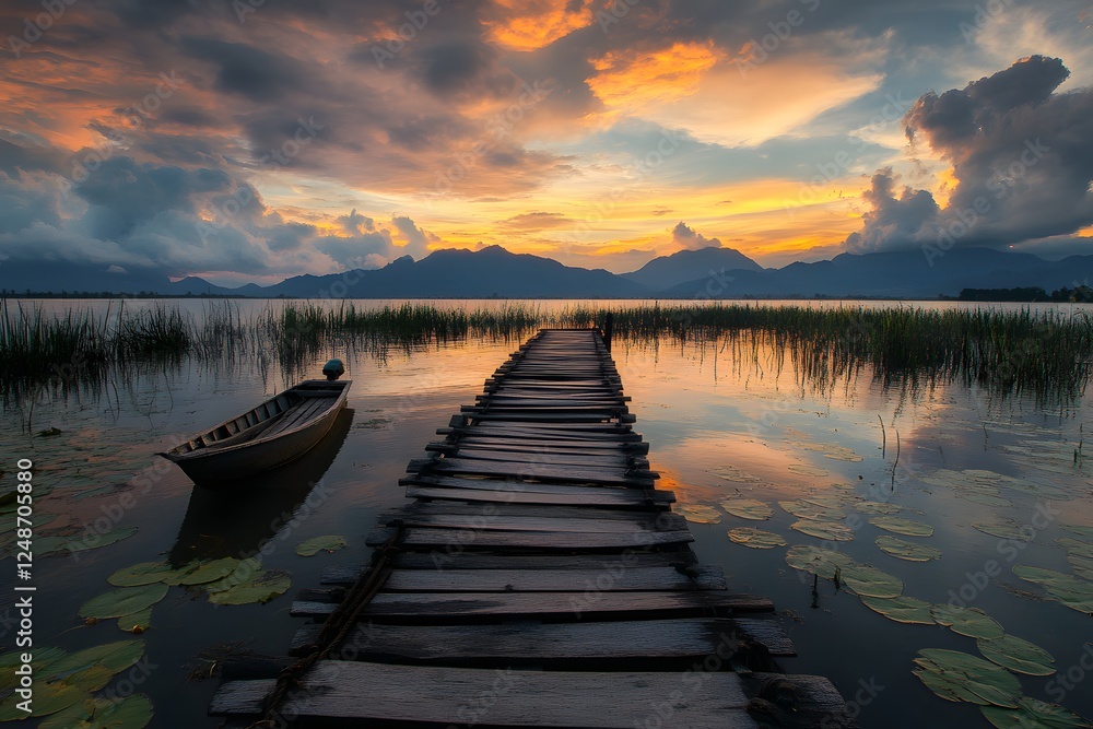 Fototapeta premium Sunset lake pier, boat, mountains, calm, serene, travel postcard