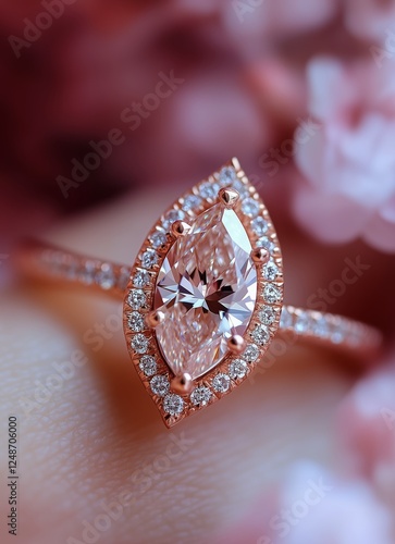 Elegant rose gold ring with marquise cut diamond surrounded by smaller stones