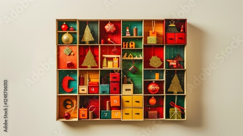 A holiday advent calendar with vibrant colors and detailed compartments, displayed on a clean white background.