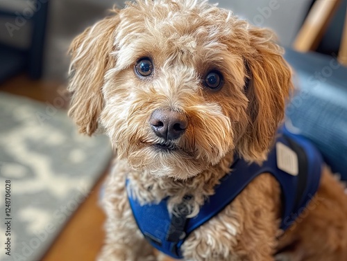 Adorable Cavapoo Puppy Wearing a Stylish Blue Harness Indoors