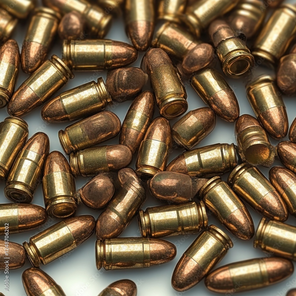 Shattered Brass Casings and Bullets on Dark Surface Shattered Brass Casings and Bullets on Dark Surface