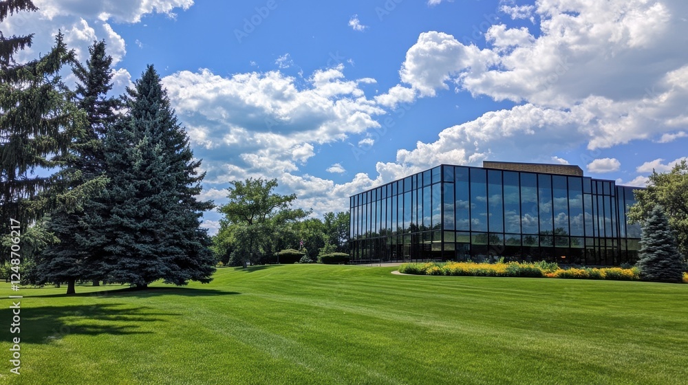 A glass-walled corporate office tower with contemporary architecture, nestled among vibrant green trees and manicured lawns under a bright blue sky.