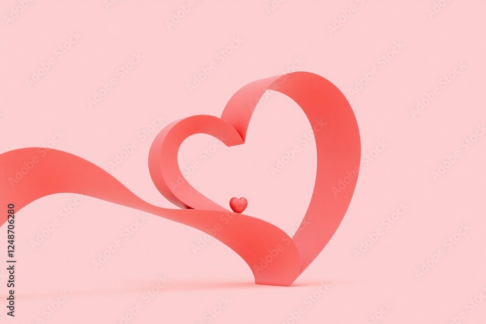 Soft pale pink bg two large flowing red ribbons forming heart Soft pale pink bg two large flowing red ribbons forming heart