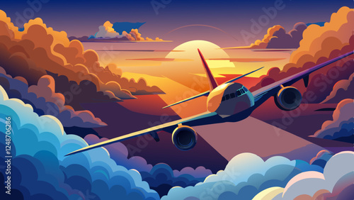 close up Silhouette of Airplane Above Clouds at Dusk - Aerial View Stock Photo