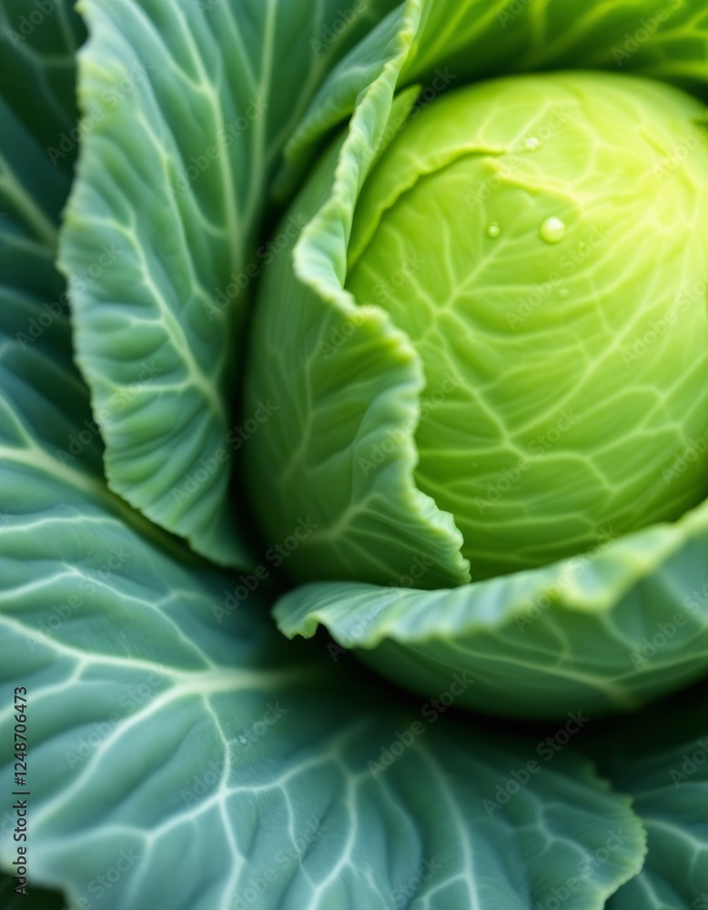 Fototapeta premium Close-up of vibrant green cabbage with intricate leaf vein patterns and dew drops