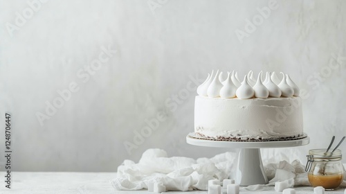 Delicious white cake topped with fluffy meringue on a simple stand in a brigh...