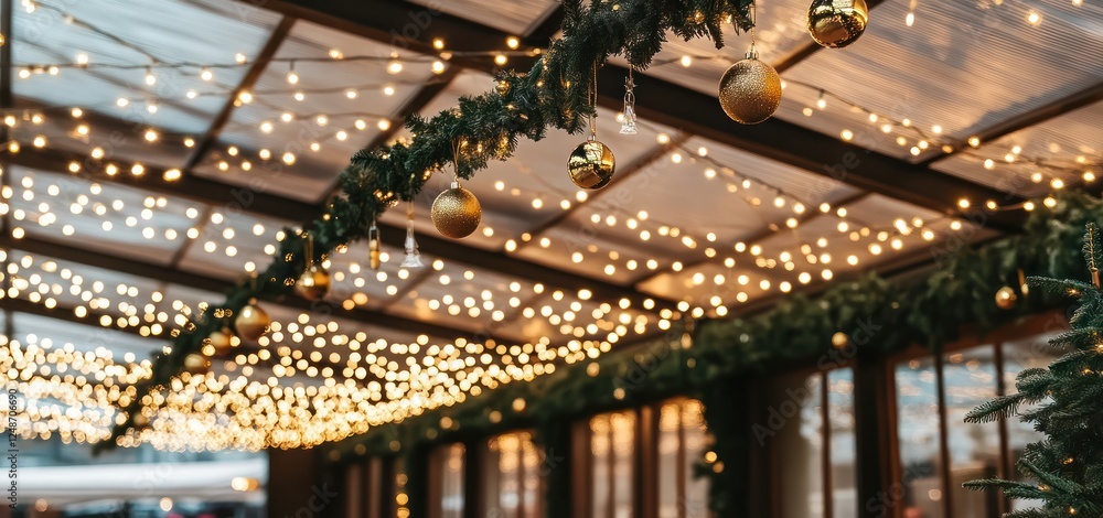 Fototapeta premium Cozy Holiday Decor with Twinkling Lights and Golden Ornaments in a Festive Indoor Setting