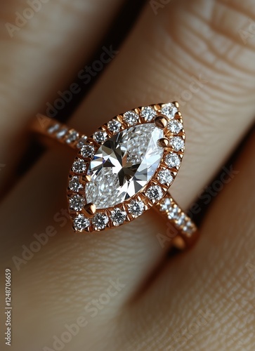 Beautiful marquise diamond ring with sparkling accents on a hand in soft light