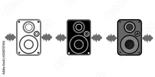 Speaker Icon. Loud music home system symbol. Vector set of audio bass with Bluetooth technology. Flat outline,line and gylph